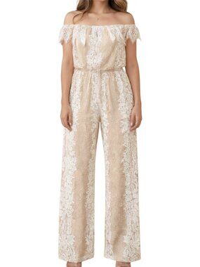 4SI3NNA Nude Beige Floral Lace Off Shoulder Wide Leg Lace Jumpsuit Romper L